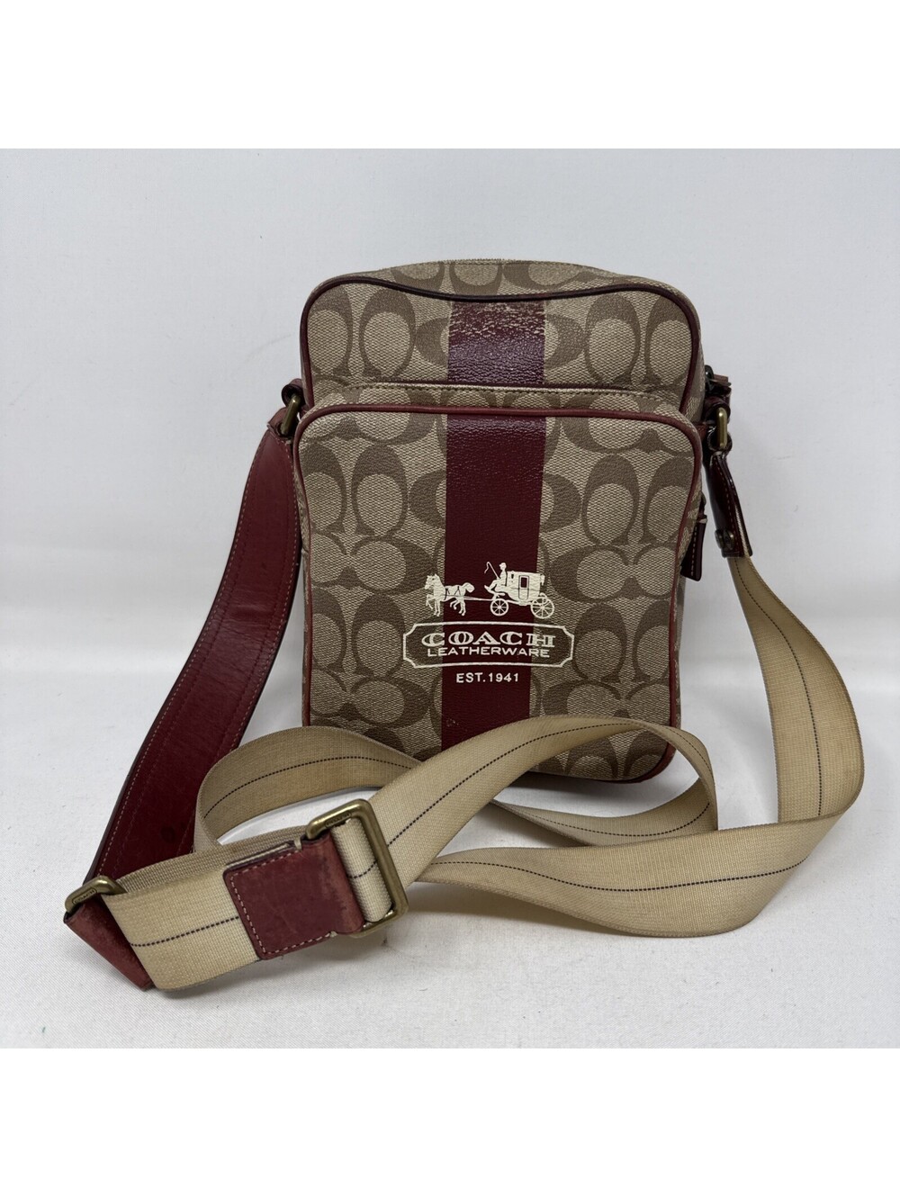 Coach Heritage Stripe Signature Burgundy Canvas Crossbody